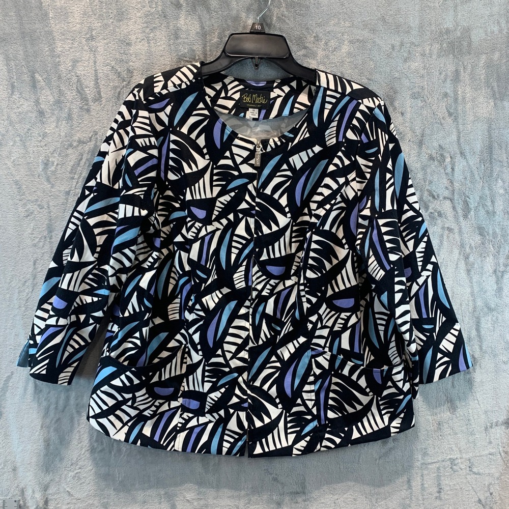 Bob Mackie Wearable Art Womens 1X Abstract Geometric Zip Front Jacket Blue Black
